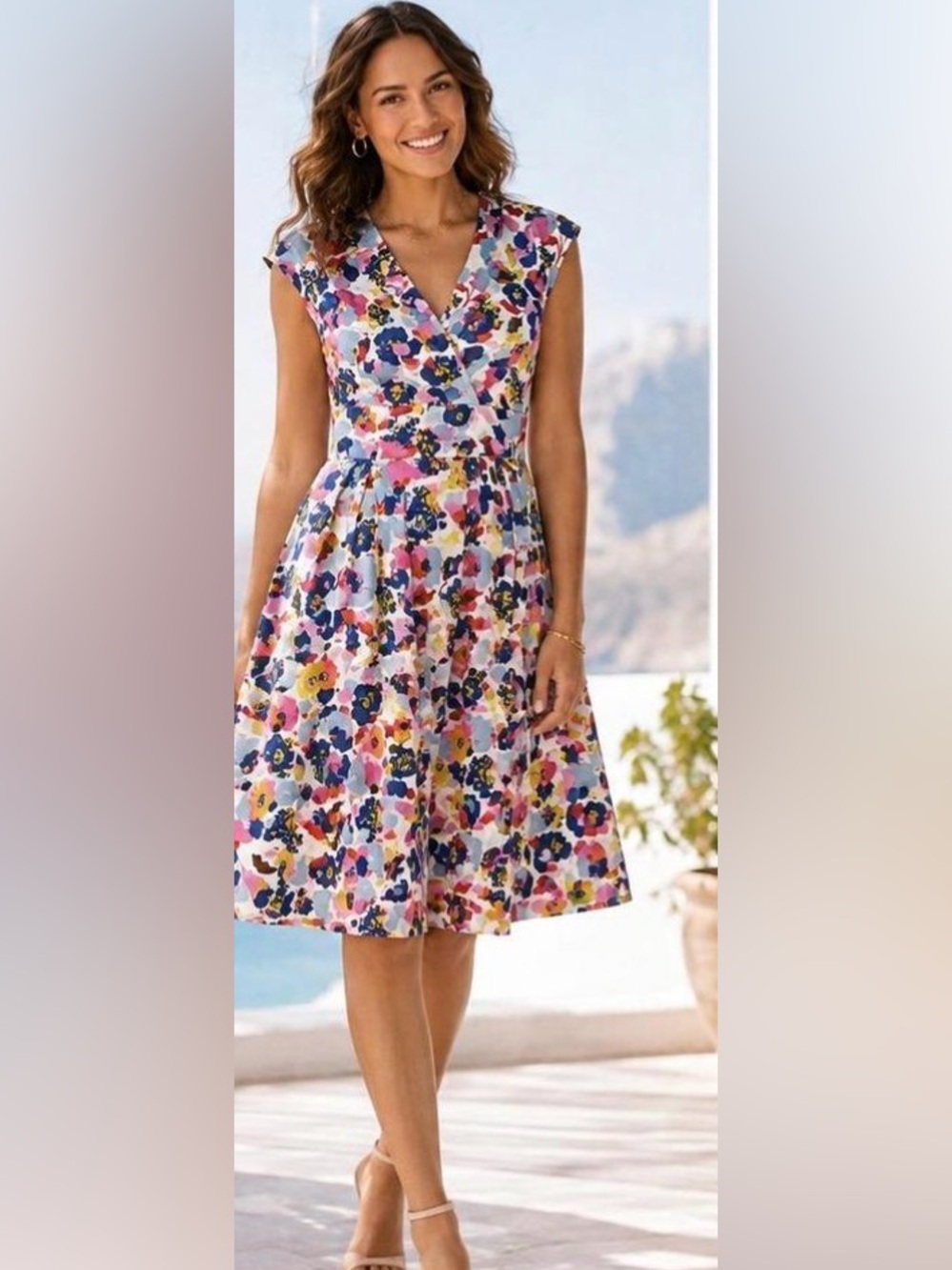 Boden Clemmie Dress Floral Faux Wrap Fit V-Neck Flare Ivory and Peoni 10P